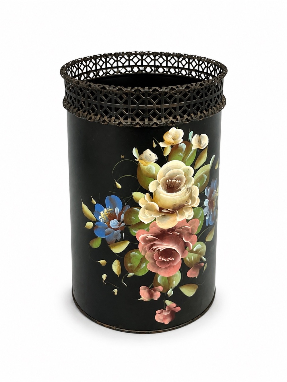 Hand-Painted Floral Metal Umbrella Stand - Black with Multicolor Flowers